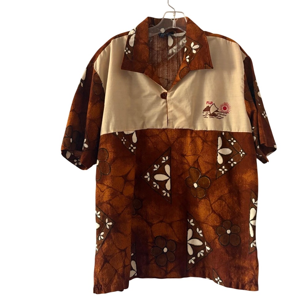VTG Kingsport Internat'l Fiji Shirt Mens XL Brown Tan Batik Floral Camp Collar‎